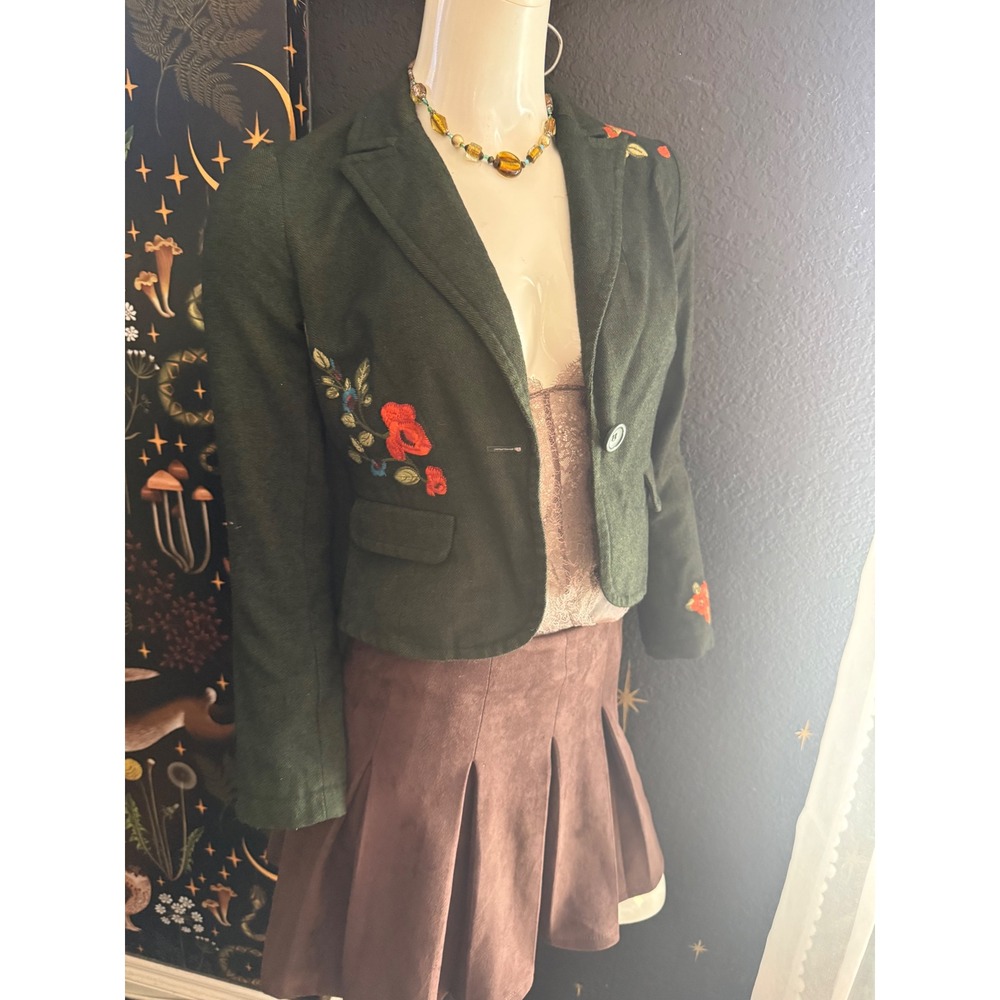 MIXIT Petite Forest Green Wool Blend Embroidered Floral Cropped Blazer Jacket 4P